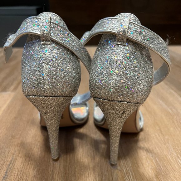 High Heel Stiletto Sandals with Ankle Strap by Delicious in Silver Sparkle - Picture 3 of 4